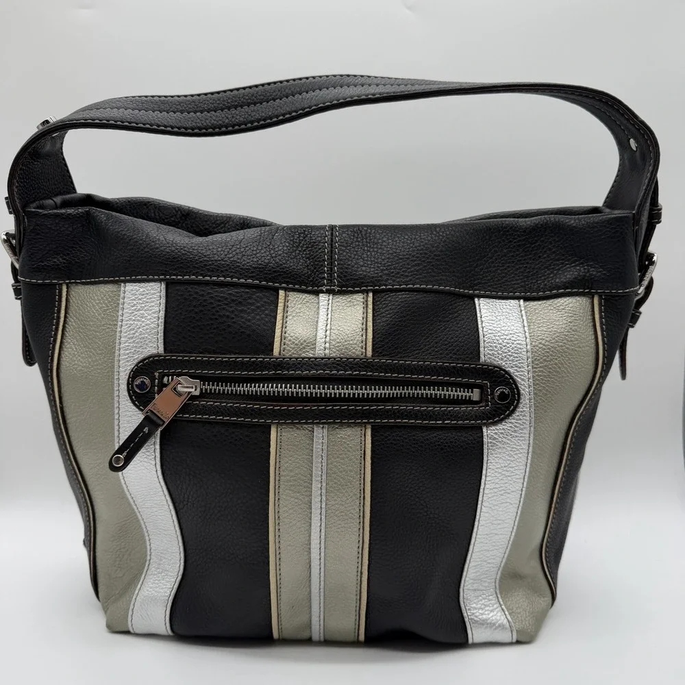 Tignanello Vintage Pebbled Leather Hobo Bag Purse Black Metallic Stripes Y2K